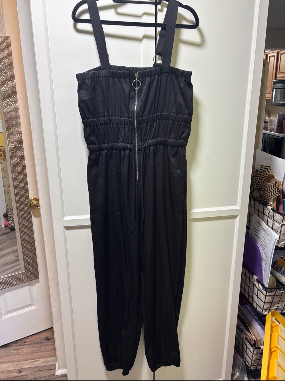 Black Strap Jumpsuit with Front Zip